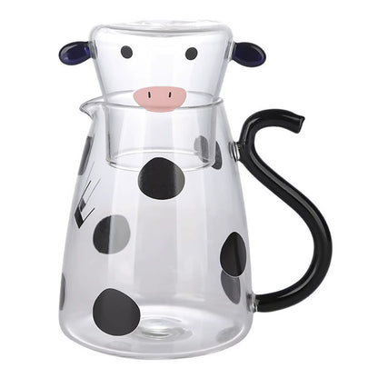 Glass Cold Water Kettle with Handle Lovely Cartoon Cow Cold Cup Flowering Teapot Milk Iced Beverage Bottle Jug Kitchen Supplies