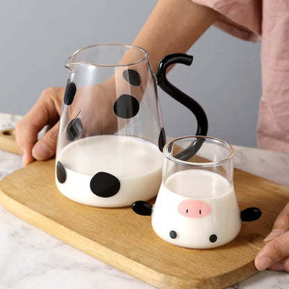 Glass Cold Water Kettle with Handle Lovely Cartoon Cow Cold Cup Flowering Teapot Milk Iced Beverage Bottle Jug Kitchen Supplies